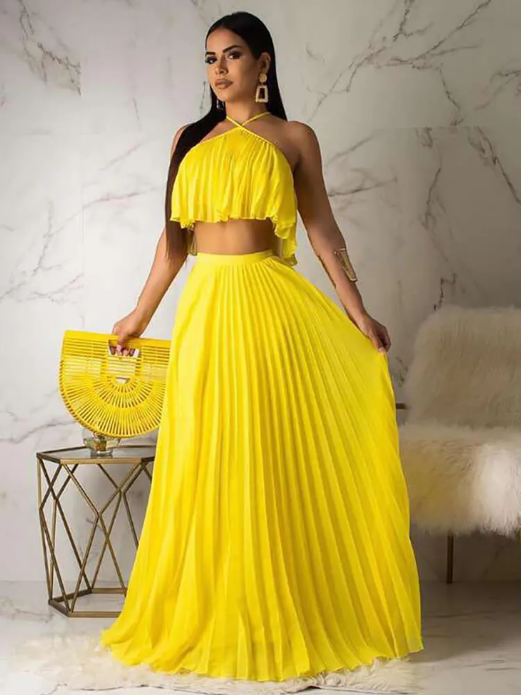 2 Piece Boho Off Shoulder Crop Top Pleated Skirts Sets