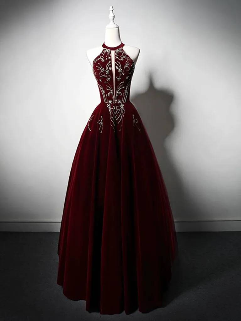 A-Line Velvet Burgundy Long Prom Dress with Beads