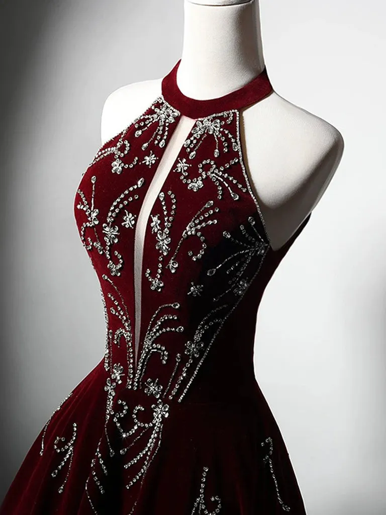 A-Line Velvet Burgundy Long Prom Dress with Beads