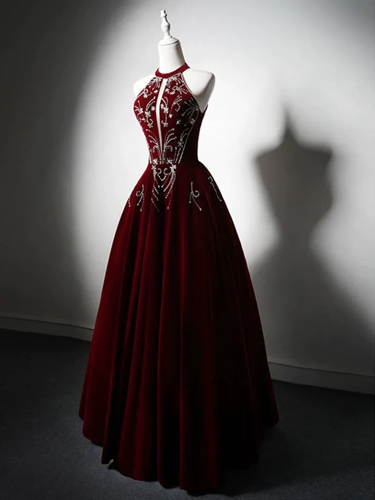 A-Line Velvet Burgundy Long Prom Dress with Beads