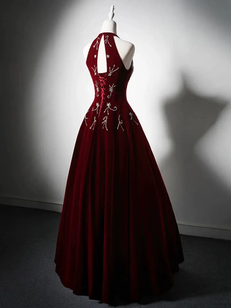 A-Line Velvet Burgundy Long Prom Dress with Beads