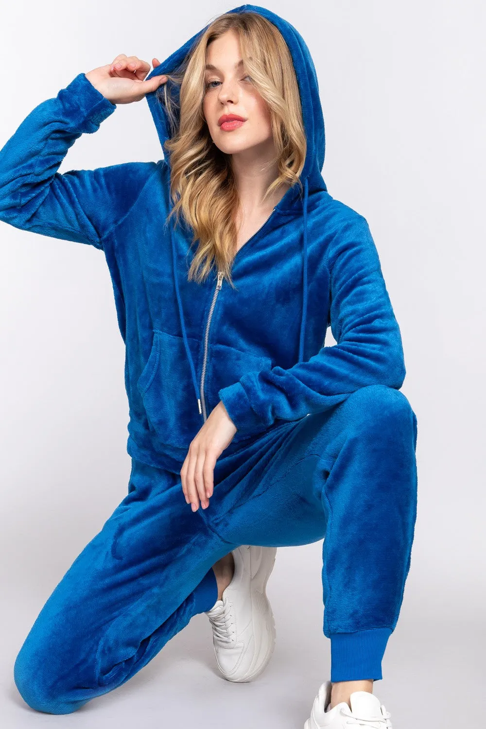 Active Basic Faux Fur Zip Up Hoodie & Joggers Set Deep Blue