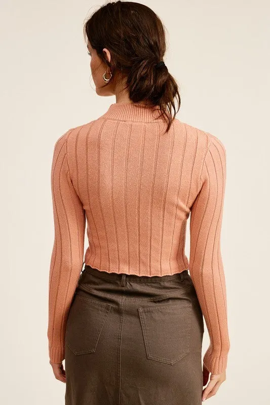 Apricot Crush Overlap Knit Mock Neck Crop Sweater Top