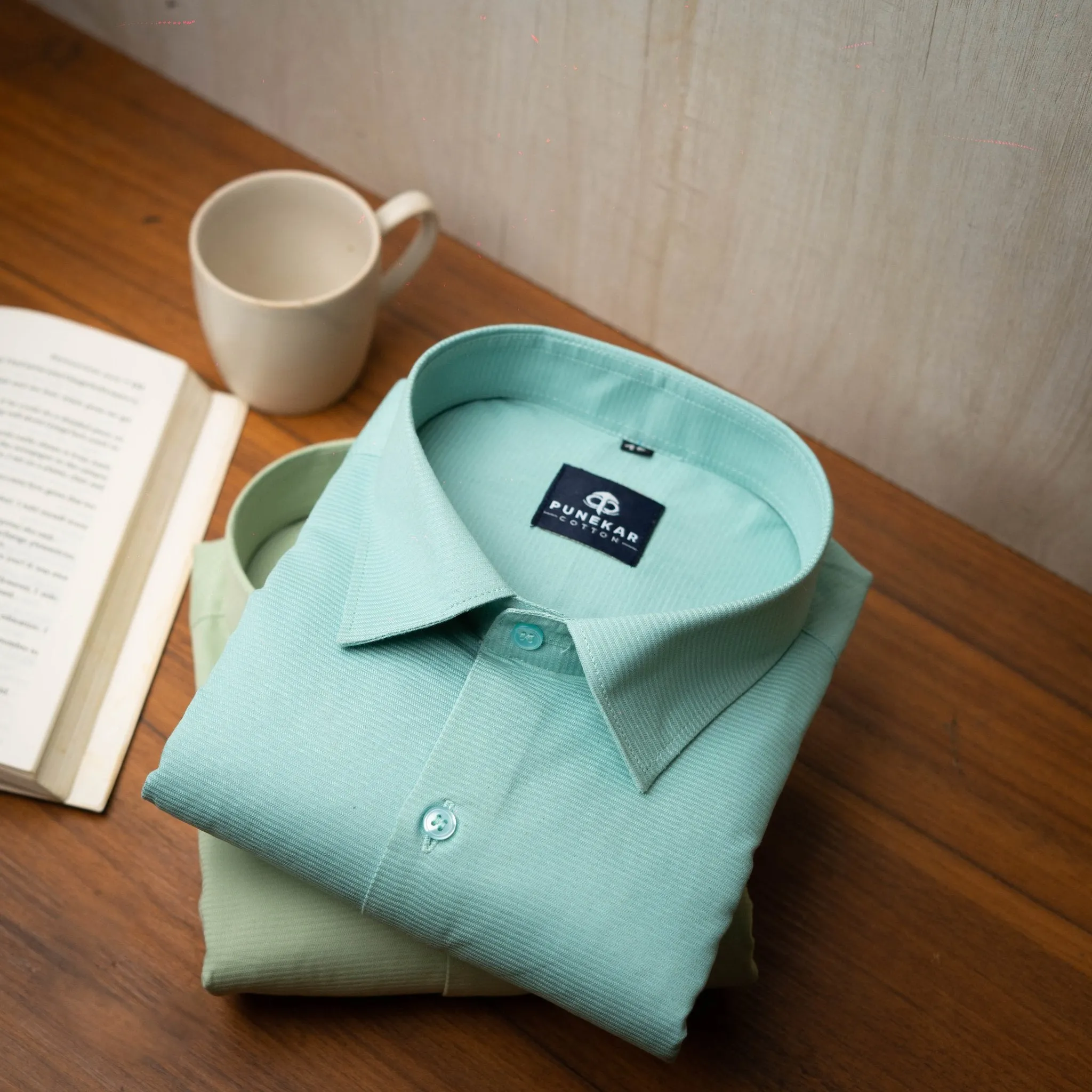 Aqua Green Color Twitter Lining Blende Cotton Shirts For Men