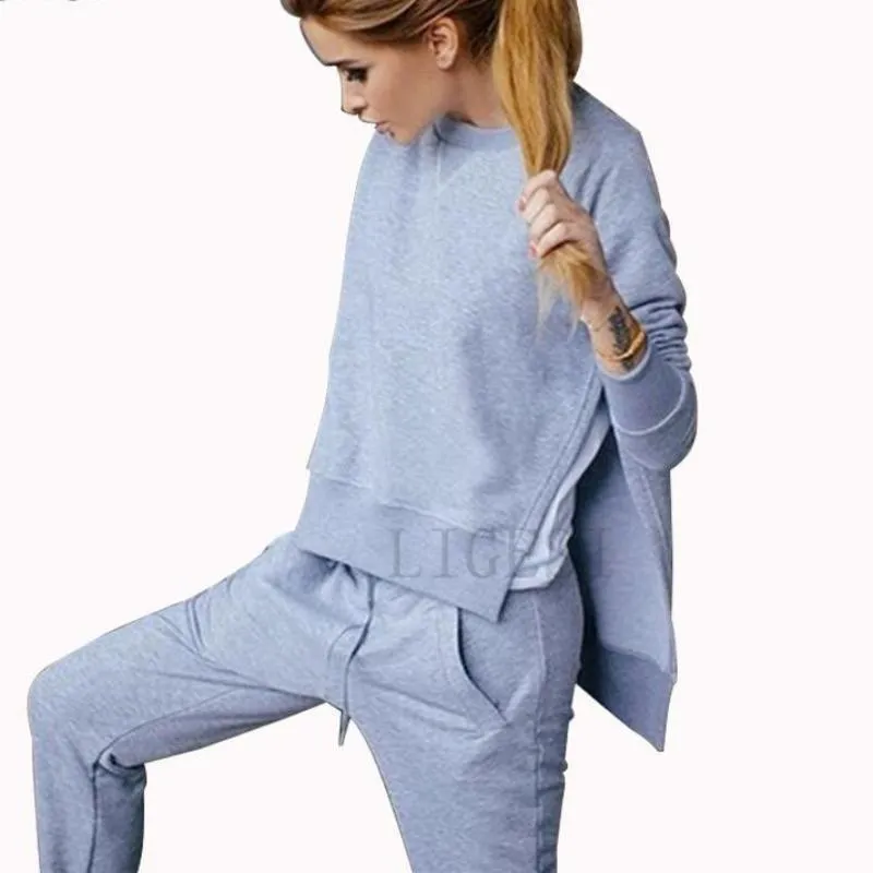 Autumn Winter Women Cotton Tracksuit 2 Piece Set Clothing Solid Sportswear Suit Woman Irregular Hoodies Set Costumes (US 10-16)