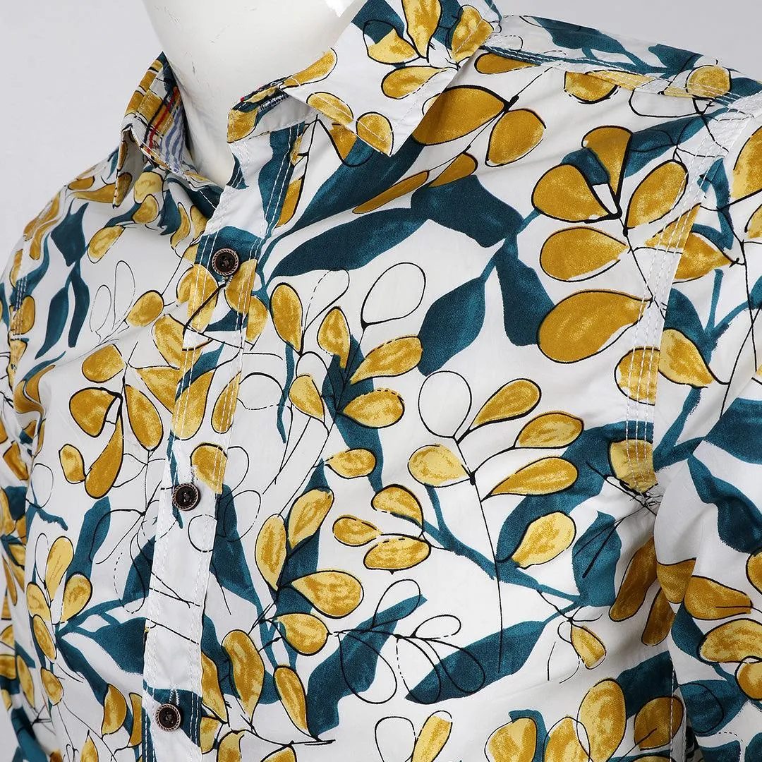 Badgley Finest Quality Yellow Floral Print LongSleeve White Shirt