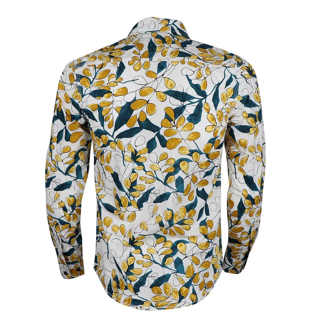 Badgley Finest Quality Yellow Floral Print LongSleeve White Shirt