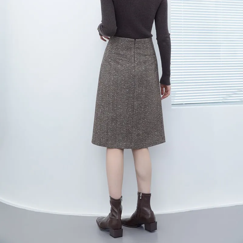 Dark Brown Irregular Split Wool Midi Skirts