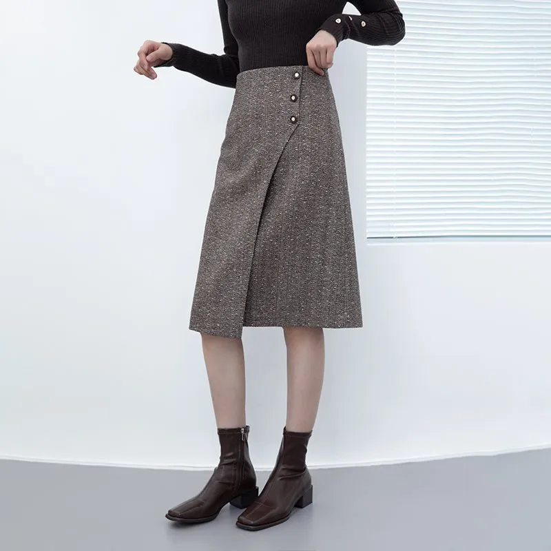 Dark Brown Irregular Split Wool Midi Skirts