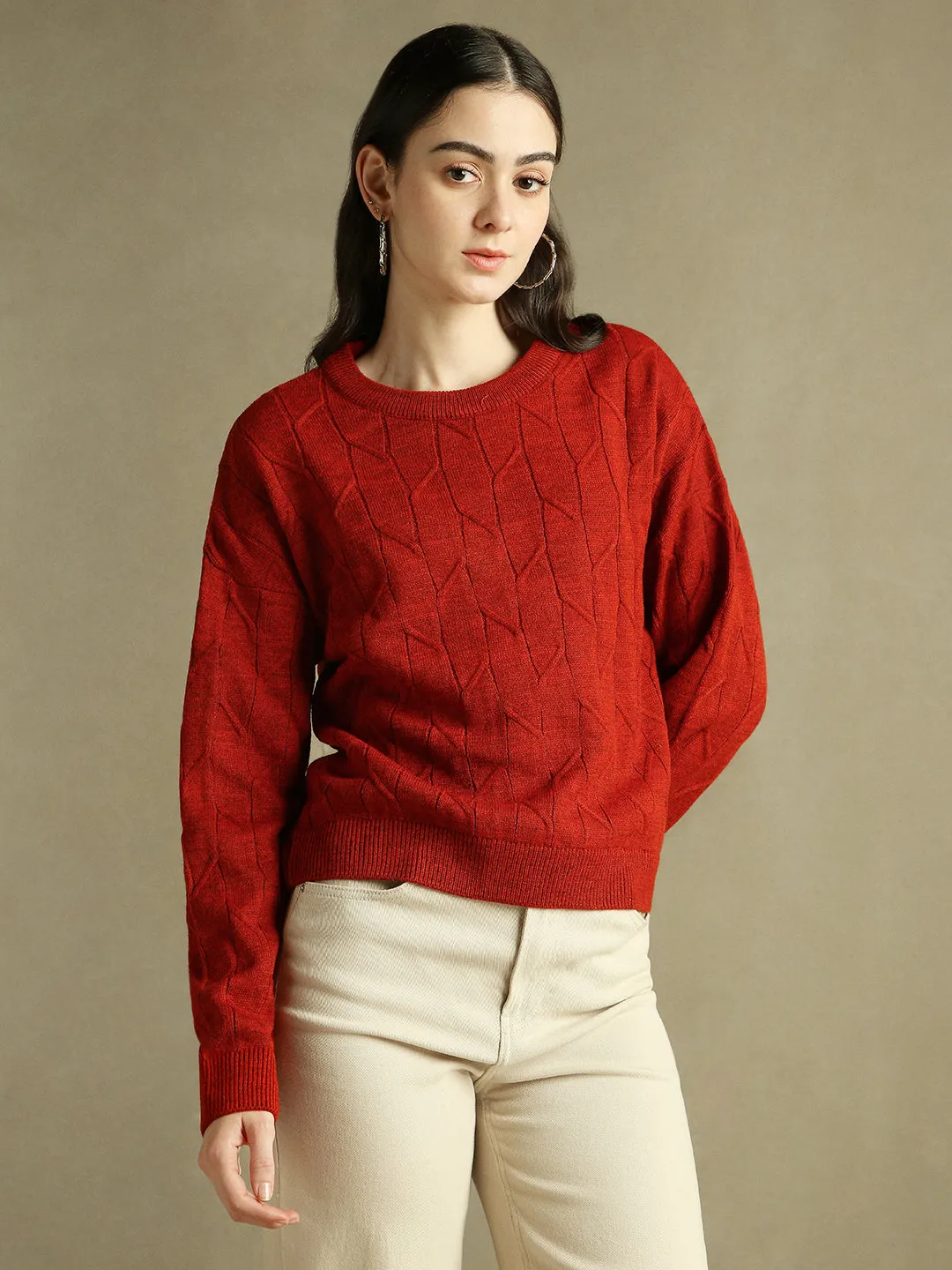 DL Woman Round Neck Solid Rust Full Sleeves Pullover Sweater