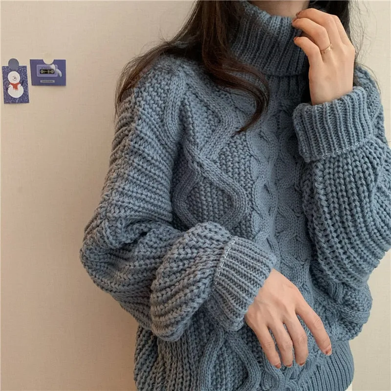 Fashionkova  2024 Thick Needle Twist Sweater Women Korean Vintage Cashmere Knitted Pullover Winter Turtle Neck Lazy Oaf Female Clothing