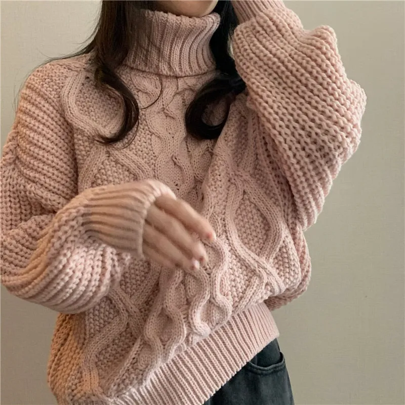 Fashionkova  2024 Thick Needle Twist Sweater Women Korean Vintage Cashmere Knitted Pullover Winter Turtle Neck Lazy Oaf Female Clothing