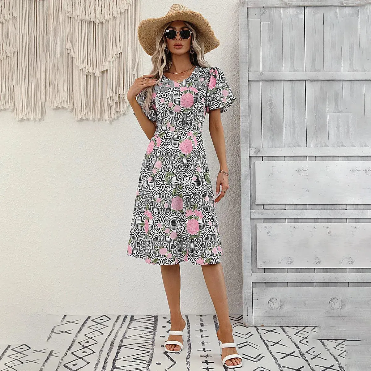 Floral & Abstract Print Puff Sleeve Dress - Shop Now!