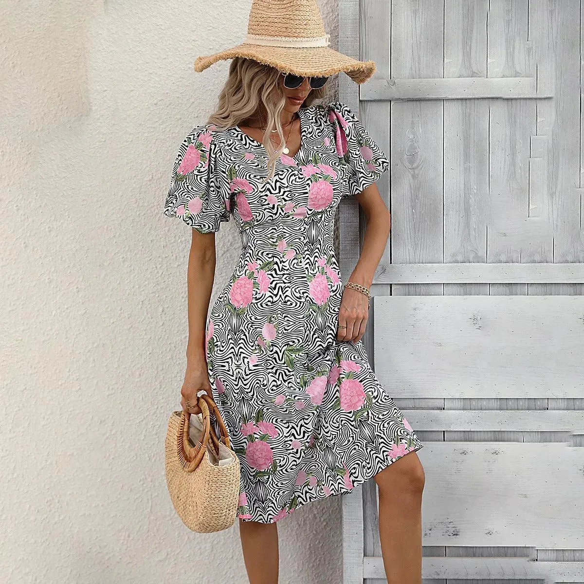 Floral & Abstract Print Puff Sleeve Dress - Shop Now!