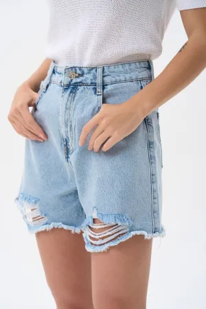 High Waist Ripped Blue Denim Shorts