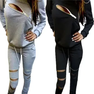 Hoodies Sweatpants Women's Sets Casual 2 Pieces Women's Clothing Spring Tracksuits Sportswear Female Zipper Hole Set