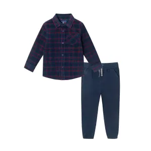 Kids Cord Buttondown & Navy Joggers Set | Red Plaid