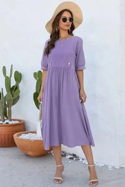 Lavender Ruched Dress: Stylish Round Neck Half Sleeve