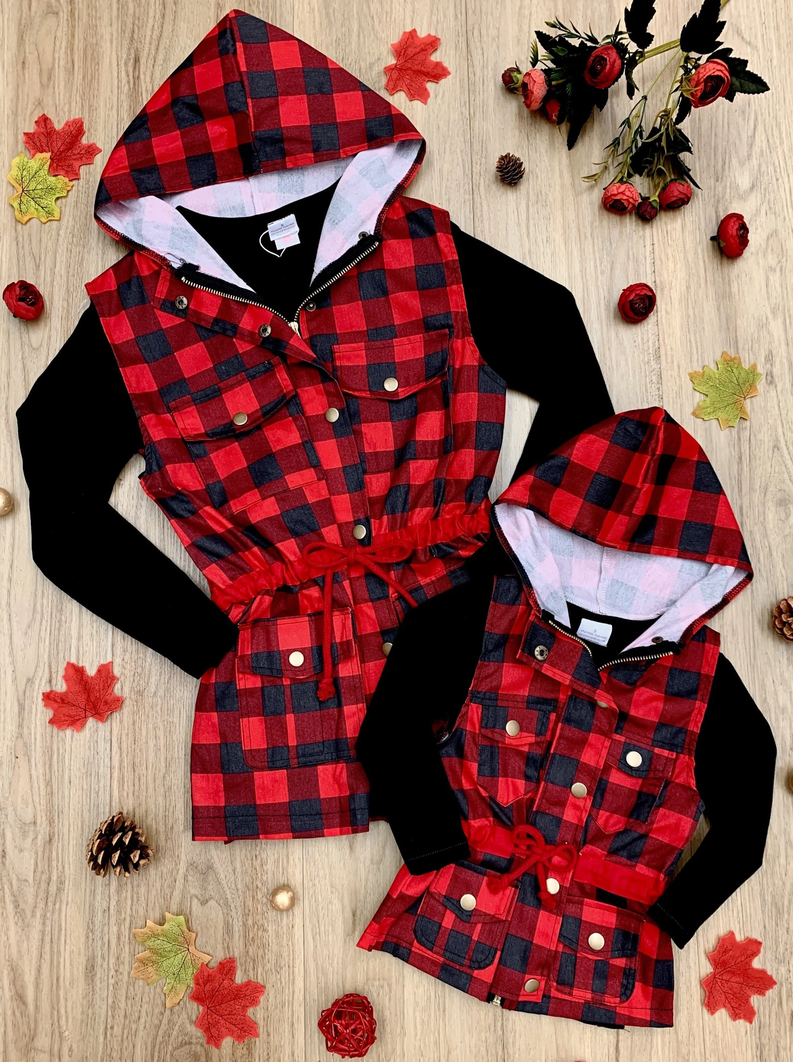 Mommy and Me Top and Plaid Hoodie Vest Set