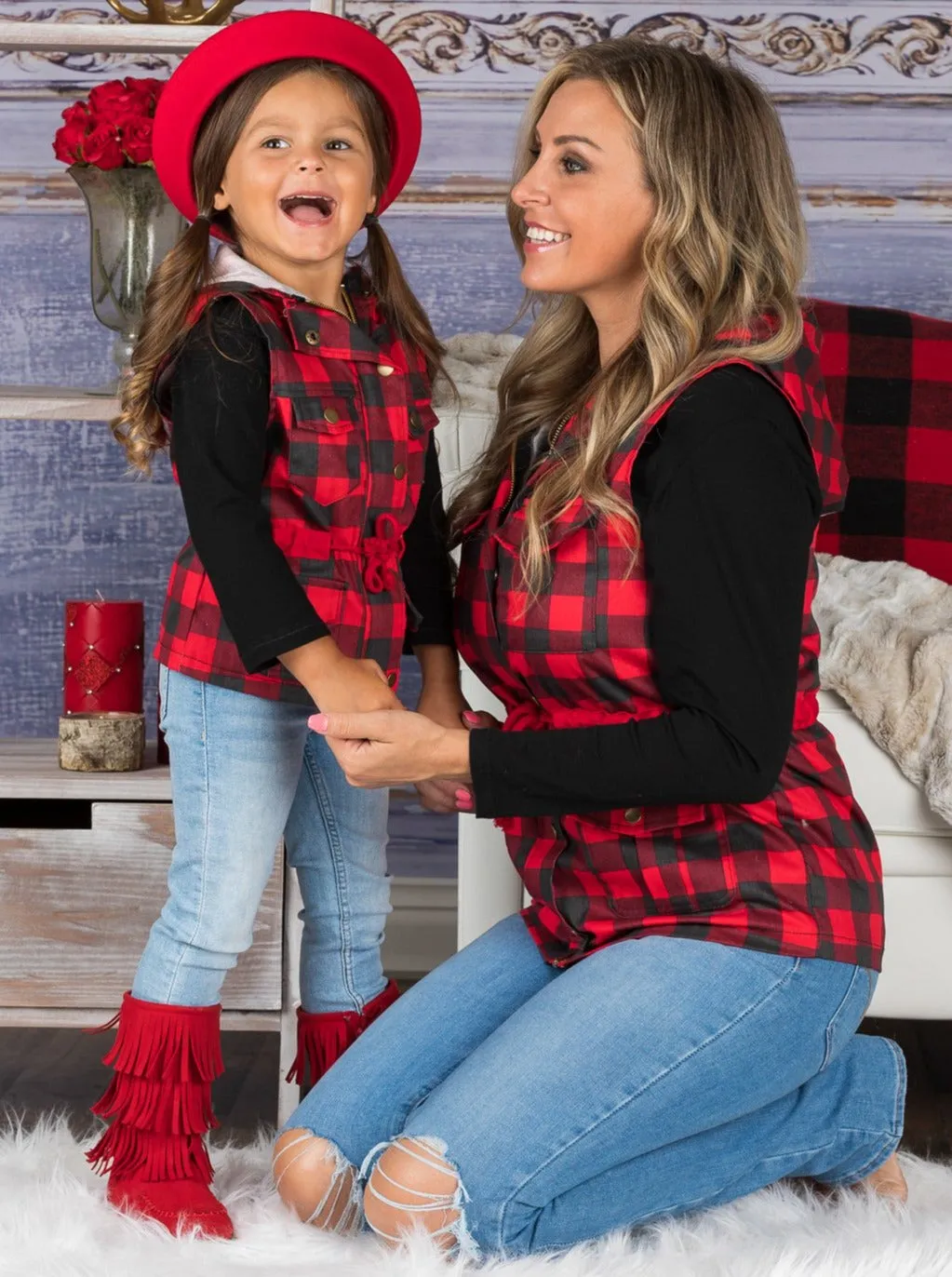 Mommy and Me Top and Plaid Hoodie Vest Set