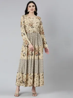 Neeru's Beige Straight Casual Floral Dresses