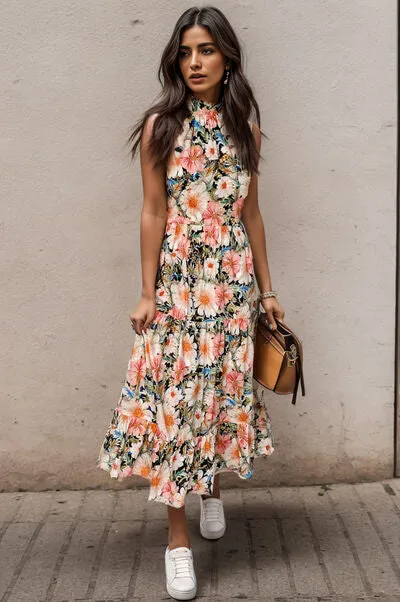 Printed Tiered Pocketed Mock Neck Midi Dress