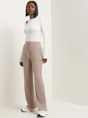 Studiofit Beige Ribbed-Textured High-Rise Track Pants