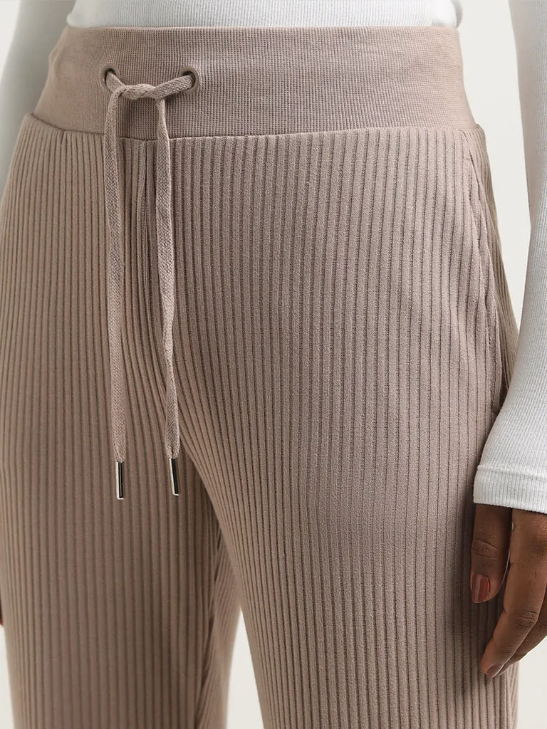 Studiofit Beige Ribbed-Textured High-Rise Track Pants