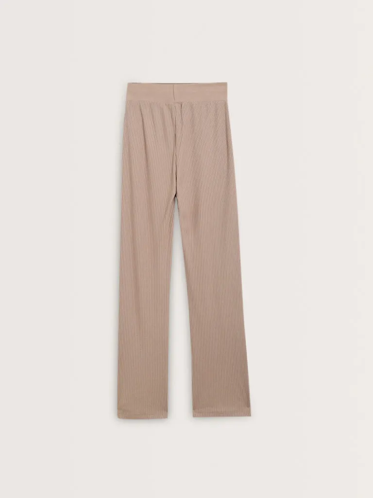 Studiofit Beige Ribbed-Textured High-Rise Track Pants