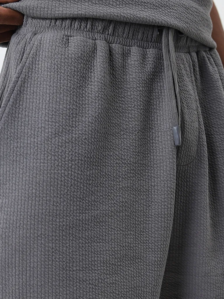 Studiofit Grey Textured Relaxed-Fit Mid-Rise Shorts