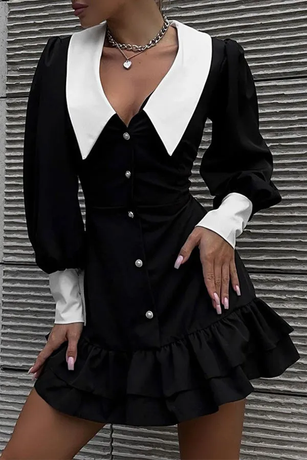 Stylish Color Block Lapel Button Fit Mini Dress