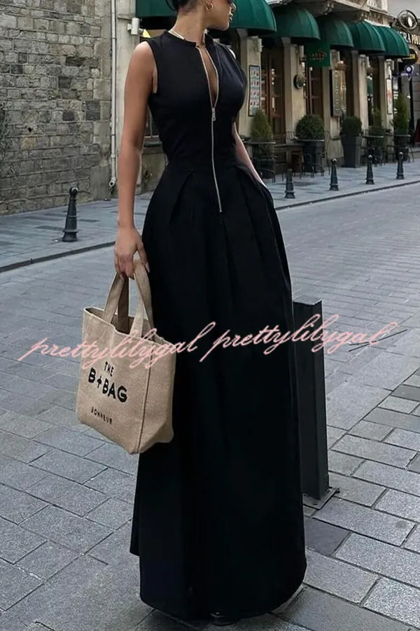 Stylish Sleeveless Zippered V-neck Slim Fit Maxi Dress