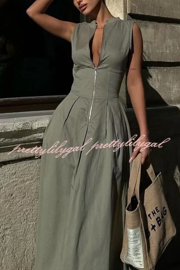 Stylish Sleeveless Zippered V-neck Slim Fit Maxi Dress