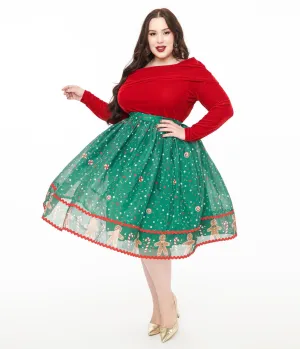 Unique Vintage Plus Size 1950s Green Gingerbread Border Brilliance Swing Skirt