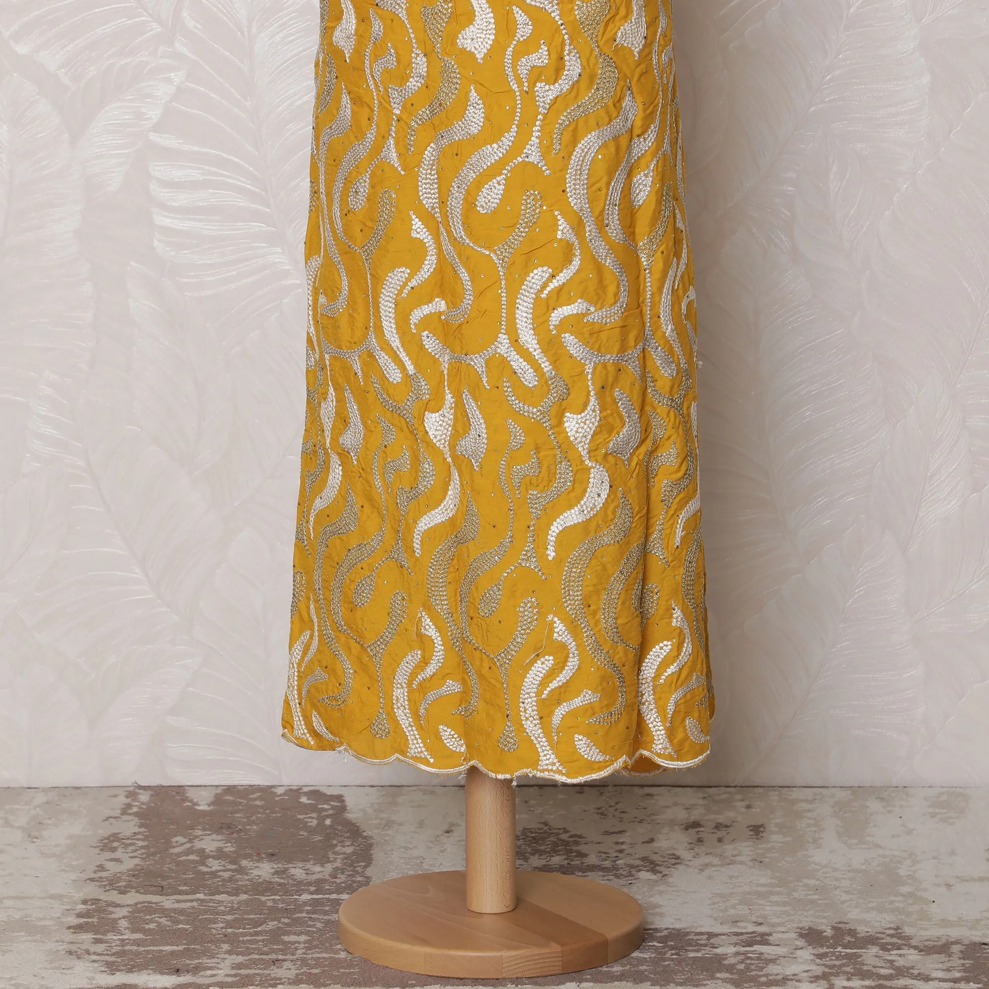 Vibrant Yellow Blended Cotton Fabric with White and Gold Embroidery - Last Piece of 3.0 Meters, 110 cm Width-D19770