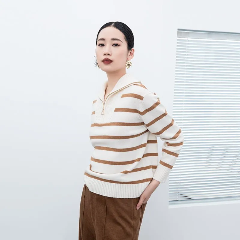 White Striped Zip Collar Wool Sweater