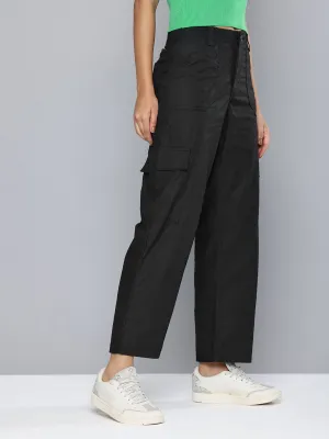 Women's Mid Rise Black Cargo Trousers