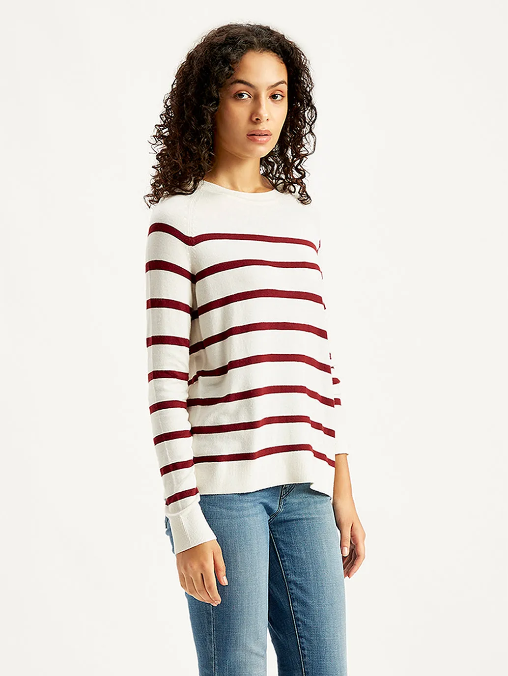 Women's Striped White Crew Neck Sweater